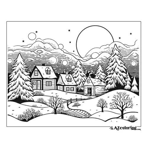 Winter Village Scene Coloring Page