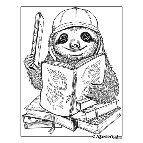 Sloth Reading Coloring Page