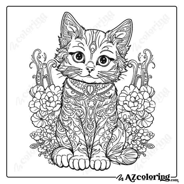 Intricate Floral Cat Coloring Page for Relaxation