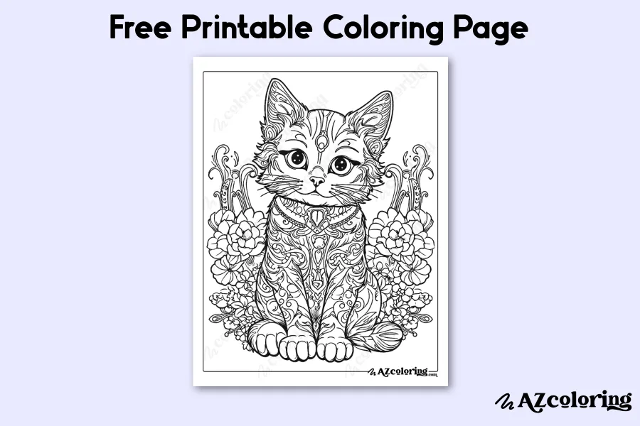 Intricate Floral Cat Coloring Page for Relaxation