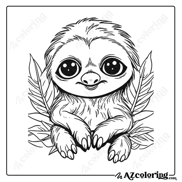 Adorable Baby Sloth with Leaves Coloring Page